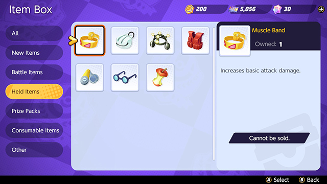 The Item Box menu with the Held Items submenu highlighted, showing seven items.