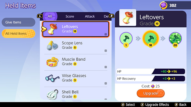 The All Held Items submenus showing the Leftovers (apple core) item.