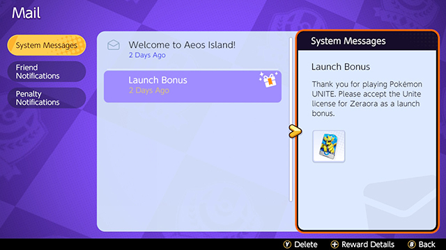 How to claim Zeraora in the Pokemon Unite system messages menu.