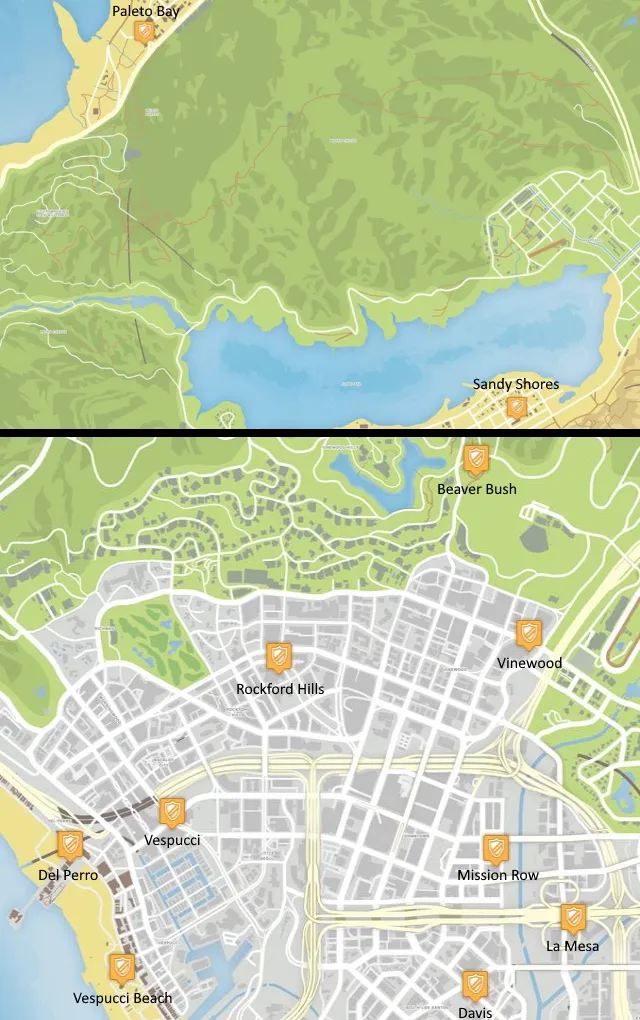 Map of Los Santos showing all of the police station locations.