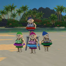 Four gnomes with pool caps, bathing suits, and floats.