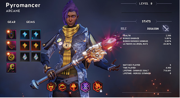 Purple-haird pyromancer holds staff on Breach stat level screen