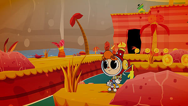 Billy in a spacesuit in vibrant red and yellow landscape drawn like Cuphead.
