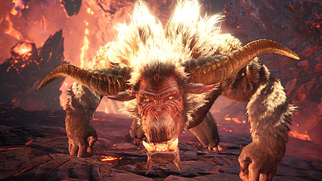 Rajang crouches into a leaping attack in Monster Hunter: World Iceborne. 