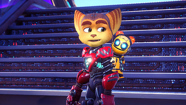 Ratchet looking over his shoulder at clank on his back.