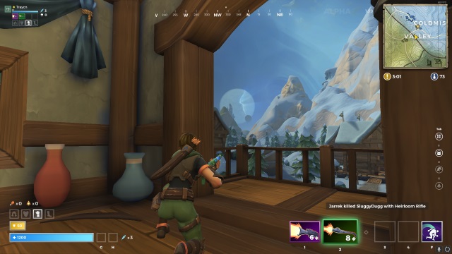 A hunter kneels in Realm Royale building as she aims a rifle toward mountains in the distance