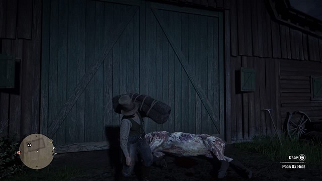 Player carrying cow skin at night at Emerald Ranch