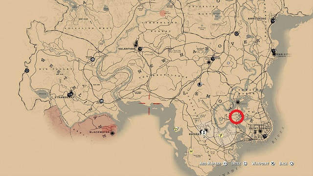 Red circle on map showing bayou cabin money glitch location