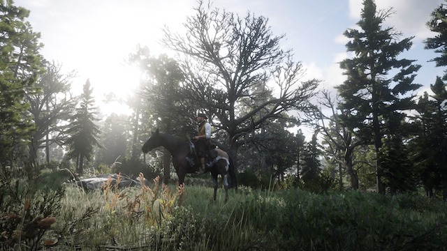 Arthur Morgan rides a Kentucky Saddler in the woods with sunlight filtering through trees