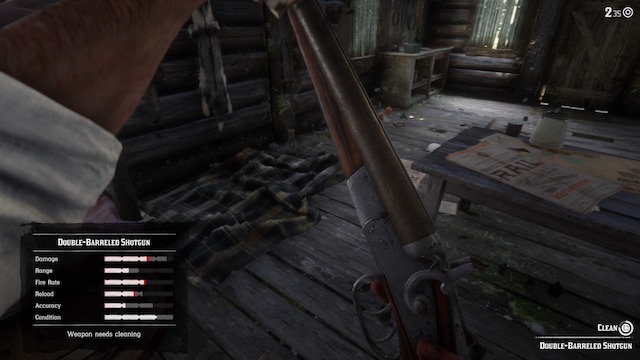 Cleaning a double barrel shotgun in first person mode in Red Dead Redemption 2