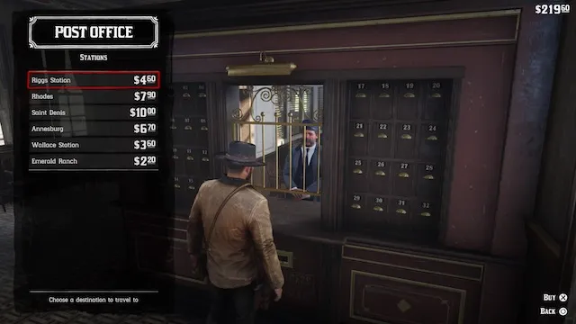 Arthur Morgan buys a train ticket from the post office in RDR2