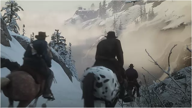 Outlaws riding horses in the snow