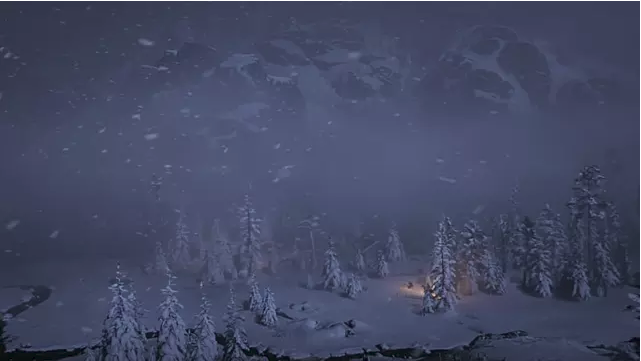 A wide angle night shot of Arthur Morgan riding through a snowy forest