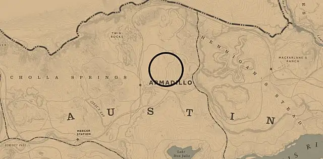 A map showing wild feverfew locations north of Armadillo in Red Dead Redemption 2, Red Dead Online. 