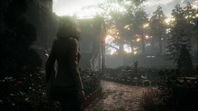 Rosemary Reed stands in the garden outside the main house in Remothered: Tormented Fathers