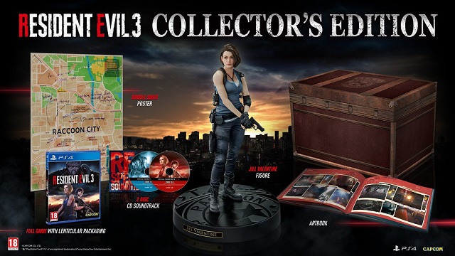 Resident Evil 3 remake collector's edition with Jill Velntine statue, map, art book, and game. 