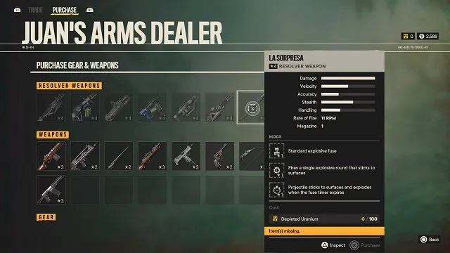 La Sorpresa resolver weapon at Juan's Arms Dealer.