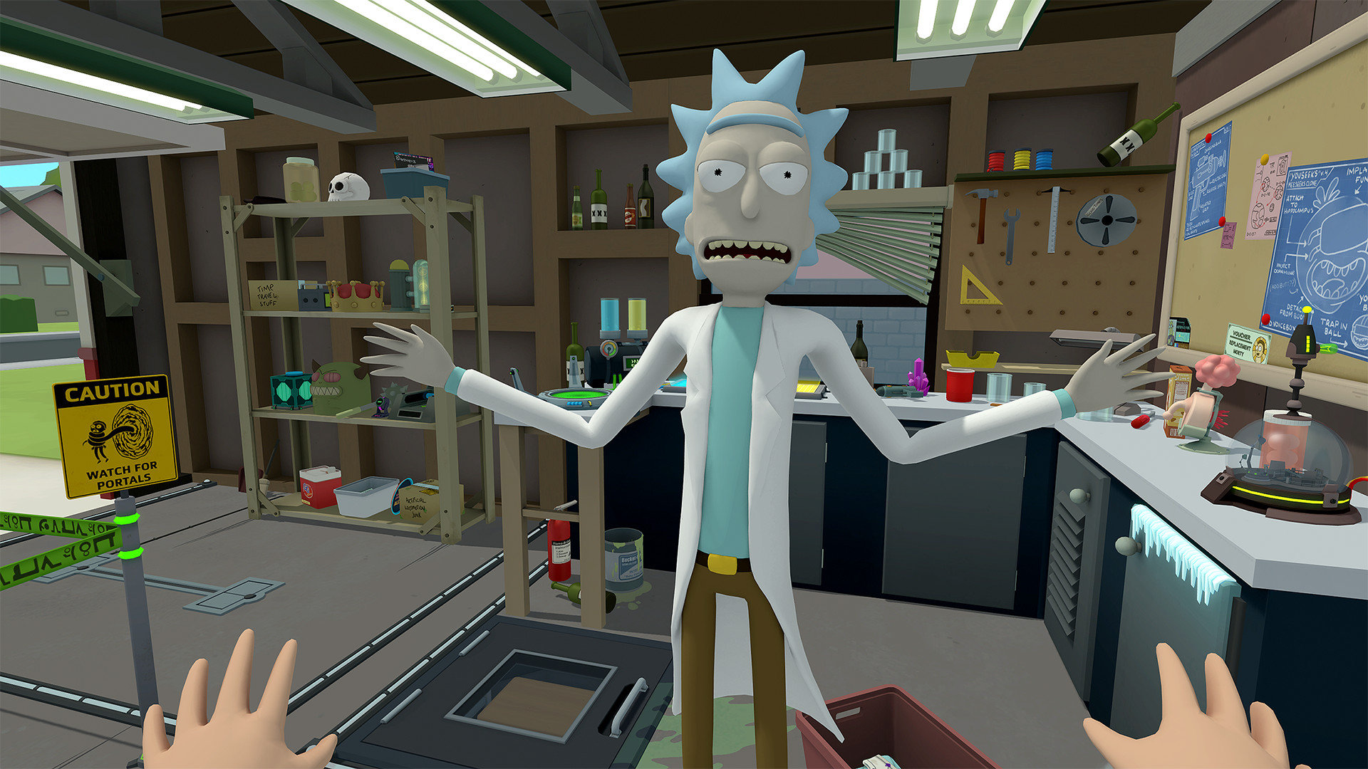 Rick stands in his laboratory/garage in Rick and Morty: Virtual Rick-ality