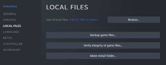 The verify local files option in Rimworld's Steam options.