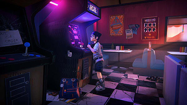 Kid wearing glasses playing an arcade cabinet in neon light.