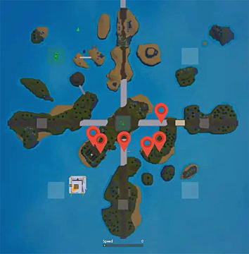 Map of islands showing gems chest locations with red markers. 