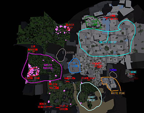 A Roblox Demon Fall map showing the location of each of the trainers.