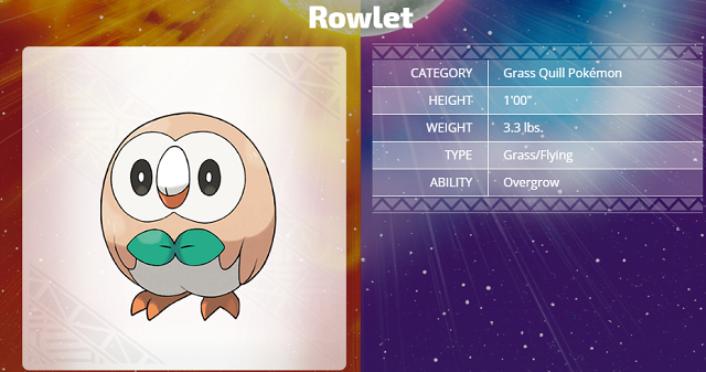 Pokemon sun and Moon starter rowlet