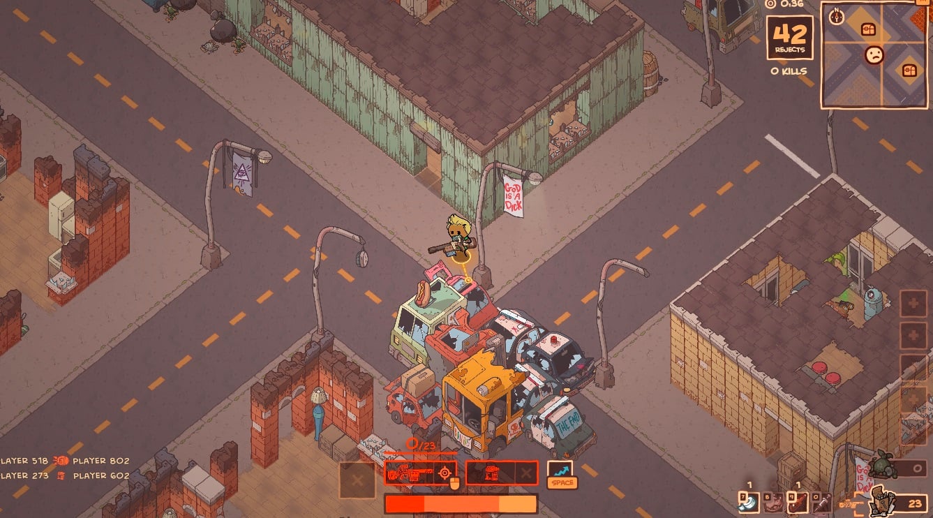 A player with yellow hair holding a shotgun stands on top of a dozen wrecked cars in the middle of the street