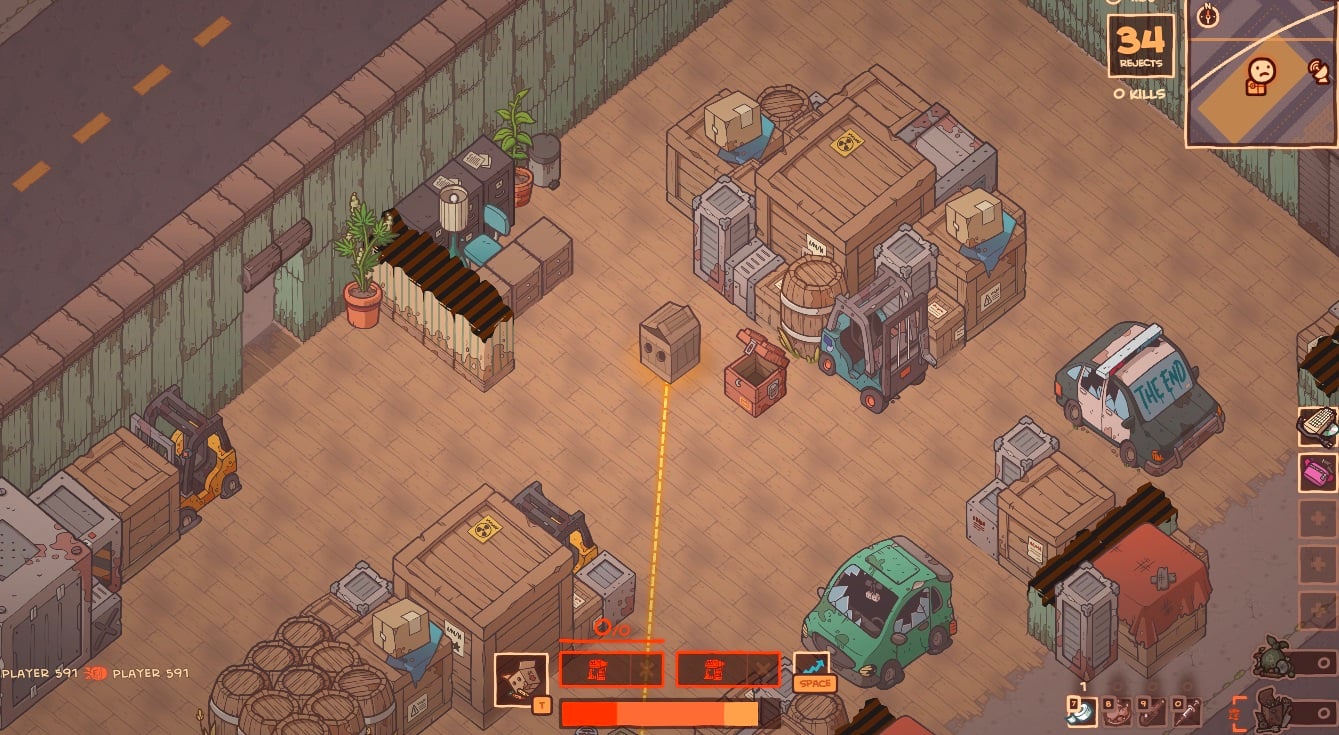 A player pretends to be a box as he hides for unsuspecting players in a warehouse