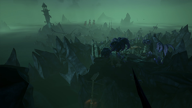 Establishing shot of Sailor's Grave covered in green fog and darkness.