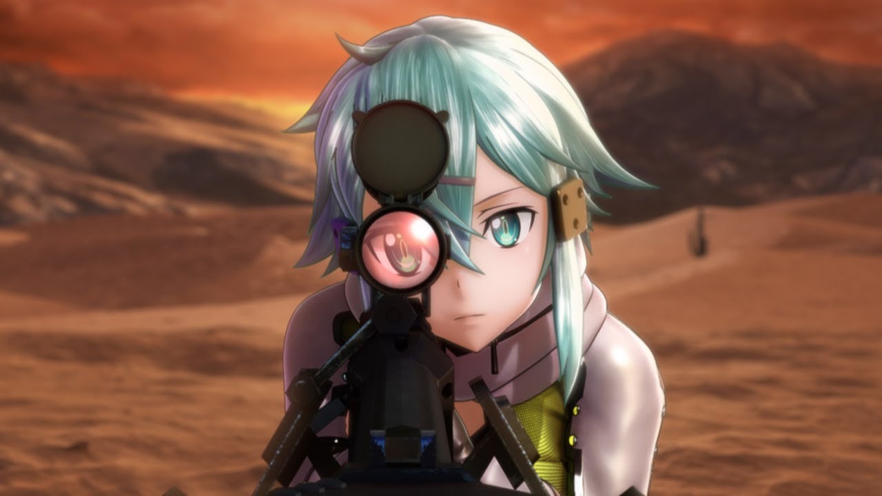 SAO:FB characer aiming down a scope