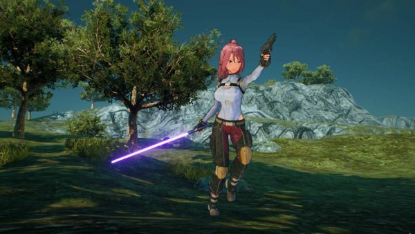 A Sword Art Online Fatal Bullet character demonstrates how to dual wield a sword and a handgun