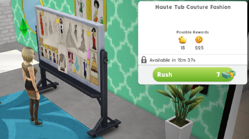 a Sim about to start the haute tub couture fashion event 