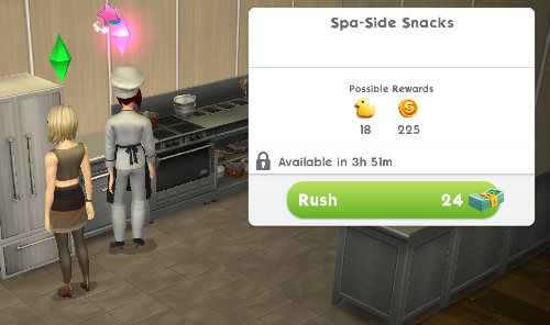 Sims preparing to begin the Spa-Side Snacks event in Sims Mobile Hot Tub Dreams