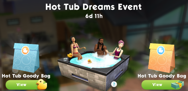 Three Sims hanging out in the Sims mobile hot tub event