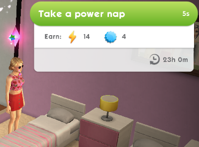 A Sim considers taking a nap to restore stamina in The Sims Mobile