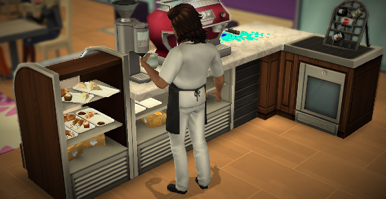 A Sim working behind the counter in The Sims Mobile