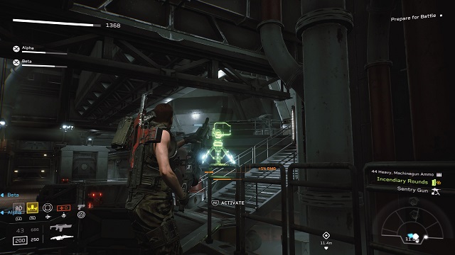 A player character placing a sentry gun turrets on a railing.