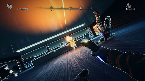 Player character infirst-person view falling backward while shooting handgun at enemy. 