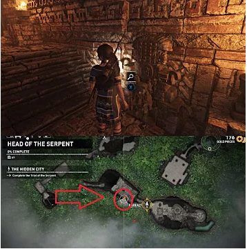 Above: Lara stands in front of the stone wall entrance to the serpent; below: the map of the entrance