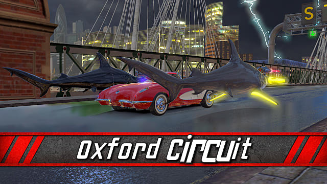 Two sharks racing a red car on a bridge in the oxford circuit.