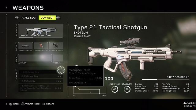 The weapons menu showing the weapon perks for the Type 21 Tactical Shotgun.