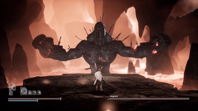 Giant boss Angronn holds his arms wide and roars as he stands in lava and Adam holds a great sword waiting to attack