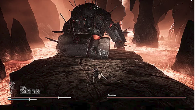 The massive Angronn slams his armor covered fist on the rocky stage surrounded by lava