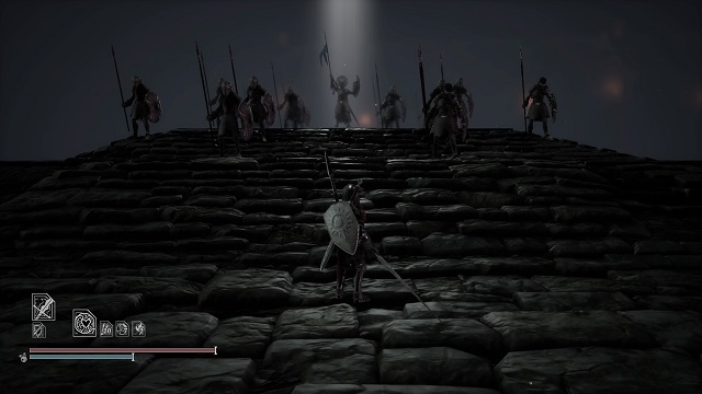 Adam on stone platform at base of stone stairs looks up to warriors holding spears and Yordo in the middle in a ray of light