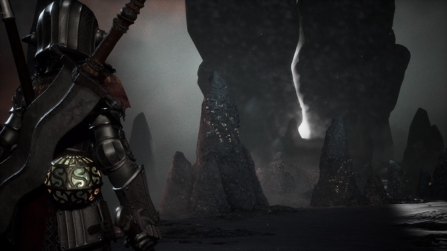 Close third person perspective on Adam as he enters the main nexus area; in front of him are glowing stones