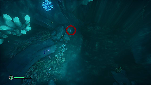 A lever underwater at the bottom of a cave near some coral.