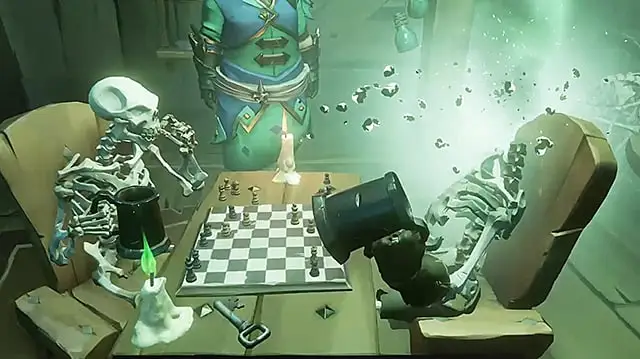 Two skeletons playing chess, one with its head exploding.