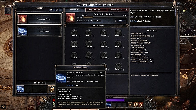 The active skills modifier menu in Wolcen: Lords of Mayhem.