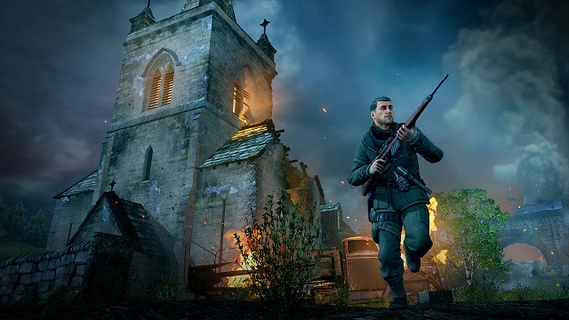 Karl runs through dark, ruined streets in Sniper Elite V2 Remastered